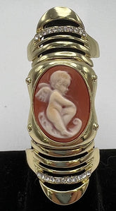 AMEDEO 20mm Cameo Crystal Goldtone Knuckle Ring, Size 6